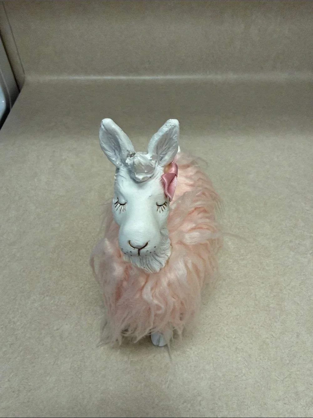 Pink Bow Llama Figurine with Fuzzy Pink Fur